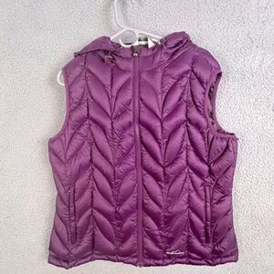 EDDIE BAUER WOMENS GOOSE DOWN HOODED VEST PURPLE SIZE XL